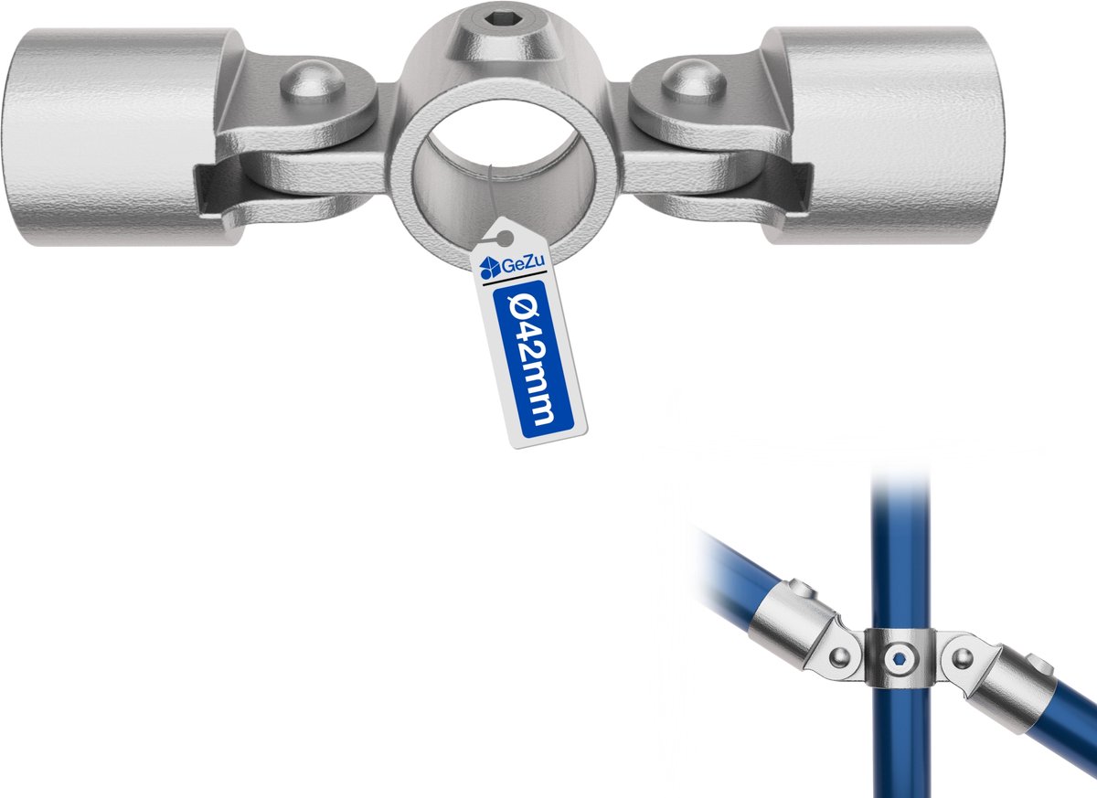 GeZu Impex Buiskoppeling Dubbel Scharnierstuk Ø42mm Hot Dip Gegalvaniseerd Zilver