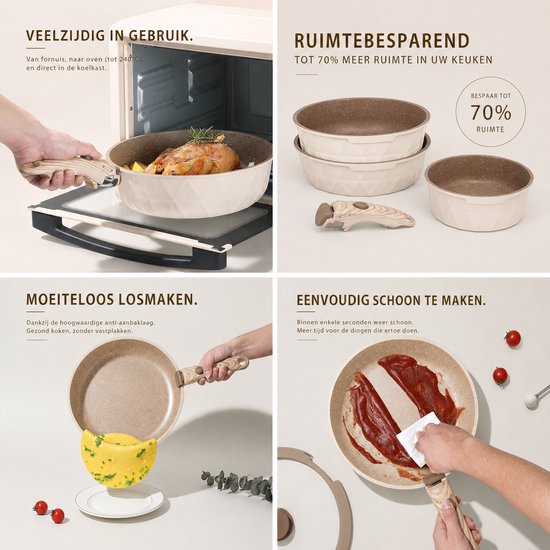 Pannenset 9-Delige Inductie – Afneembare Handgrepen – PFAS & PFOA Vrij – Ovenbestendig & Stapelbaar – Beige – Royal Swiss®