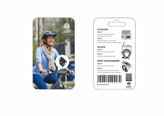Verpakking van een zwart fietshelmslot met instructies en een afbeelding van een vrouw op een fiets met helm.