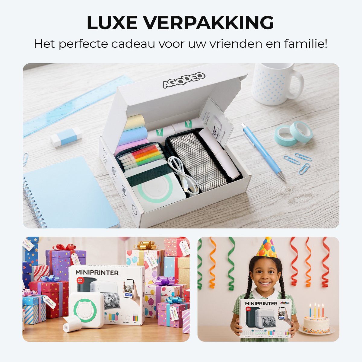 Agodeo Mini Printer - 300 DPI - Pocket Printer - Fotoprinter voor Mobiel - Mini Printer Incl.1 Harde Etui + 13 Rollen Papier (Sticker, Normaal, Kleur) + 5 Pennen - Pocket Printer Smartphone - Sticker Printer - Fotoprinter Mobiel — afbeelding 2