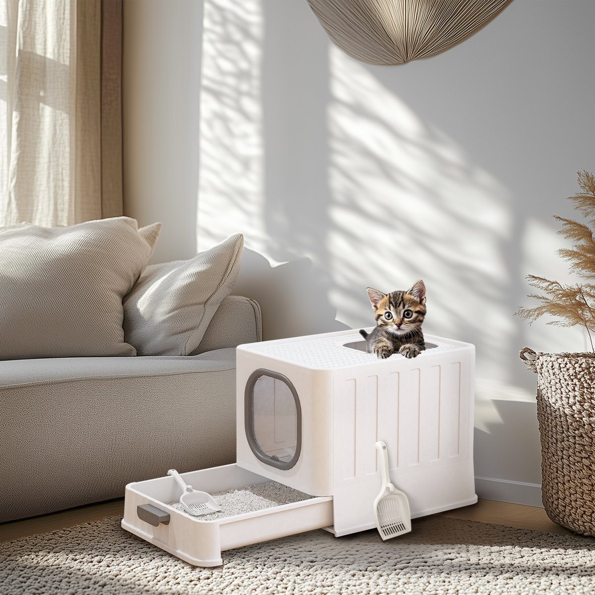 BingoPaw Luxe Kattenbak met Schuiflade - Gesloten - Anti-uitloop & Top-Entry - Inclusief Kattenschep - Modern Design - Wit/Grijs (48x36x39cm) van Bingopaw