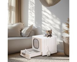 BingoPaw Luxe Kattenbak met Schuiflade - Gesloten - Anti-uitloop & Top-Entry - Inclusief Kattenschep - Modern Design - Wit/Grijs (48x36x39cm)