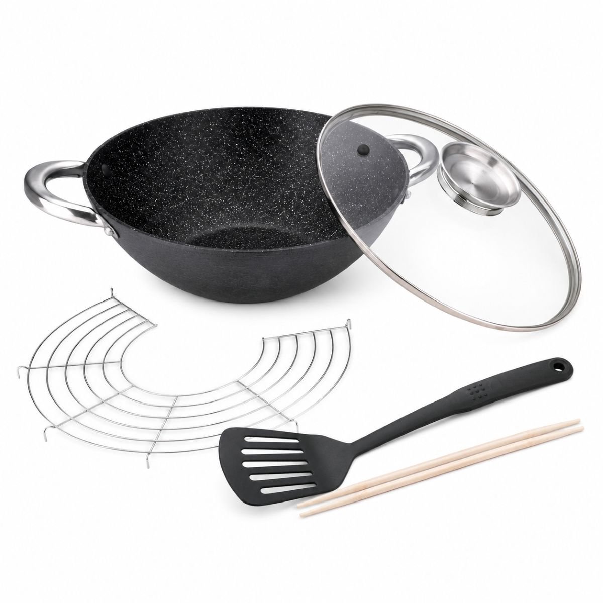 Ceruzo Wok Gietijzer 28 cm – PFAS Vrij – Aromaknop - Deksel - Inductie