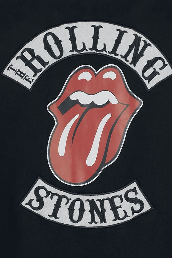 Het Rolling Stones-logo met tong en de tekst 'ROLLING STONES' op een zwarte achtergrond.