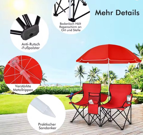 Luxe Dubbele Strandstoel met Verstelbare Parasol - Duo Klapstoel met Geïntegreerde Koelbox - Opvouwbaar & Lichtgewicht - Perfect voor Strand, Tuin of Camping - Rood van Luxe. — afbeelding 4