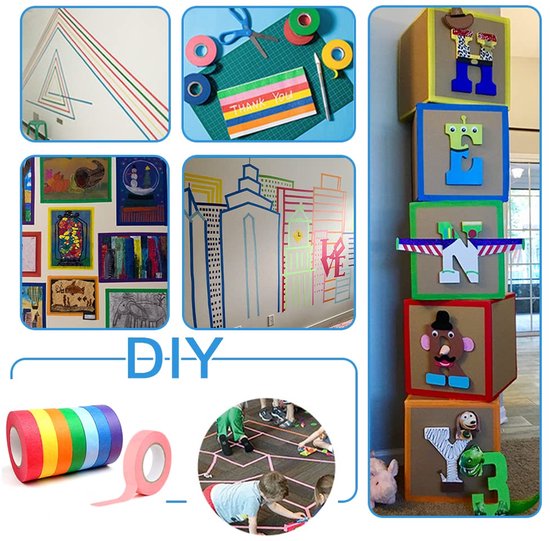 Collage met gekleurde tape op muren, knutselprojecten, dozen en kinderen die spelen.