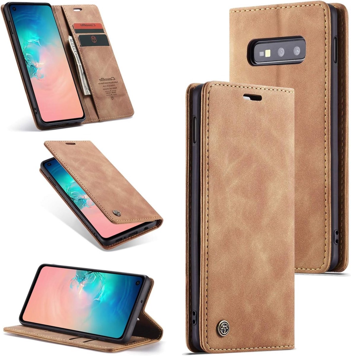 Premium lederen klaphoes voor Galaxy S10e met standfunctie, opvouwbaar ontwerp en kaartenvak, bruin
