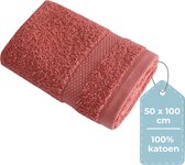 HUSH Living Handdoek - per stuk - 50×100 cm - 100% katoen - zware kwaliteit 500g/m2 - stijlvol boord en ophanglus - koraal