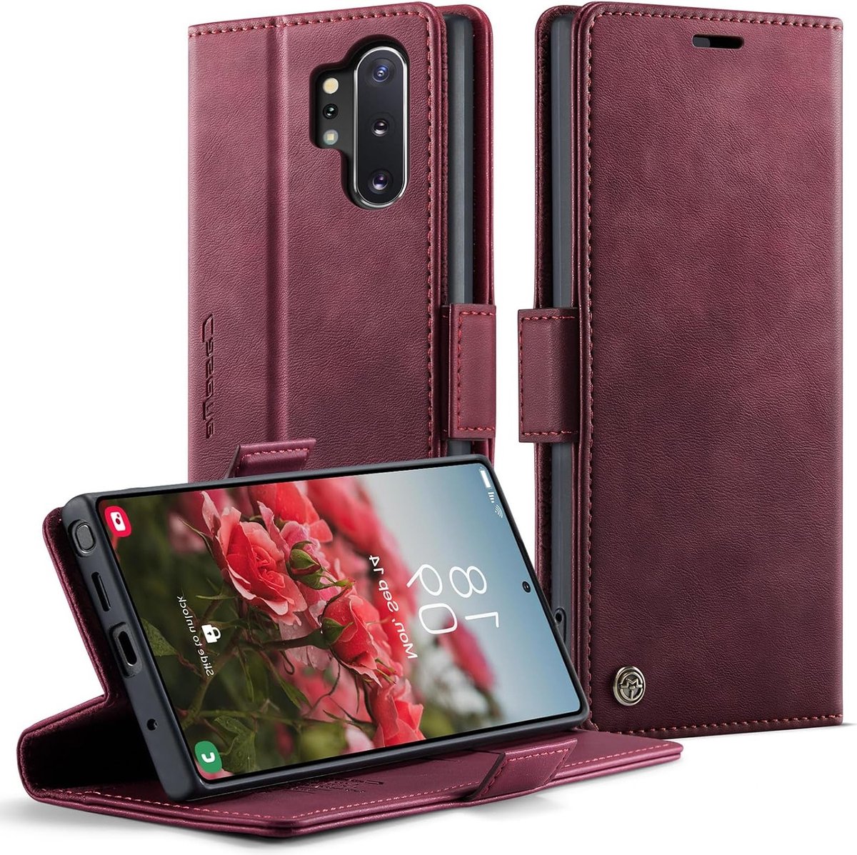 Shockproof PU Leather Hoes voor Galaxy Note 10 Plus 5G, Met Kaartsleuven, RFID Bescherming en Flip Wallet Functie, Wijnrood