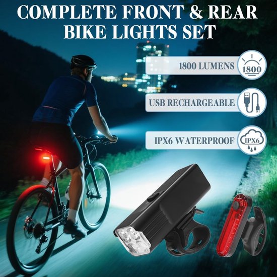 Fietsverlichtingsset LED - Oplaadbare Lampen - Veilig Fietsen - Waterdicht Ontwerp - 2000mAh Batterij - Zwart — afbeelding 2