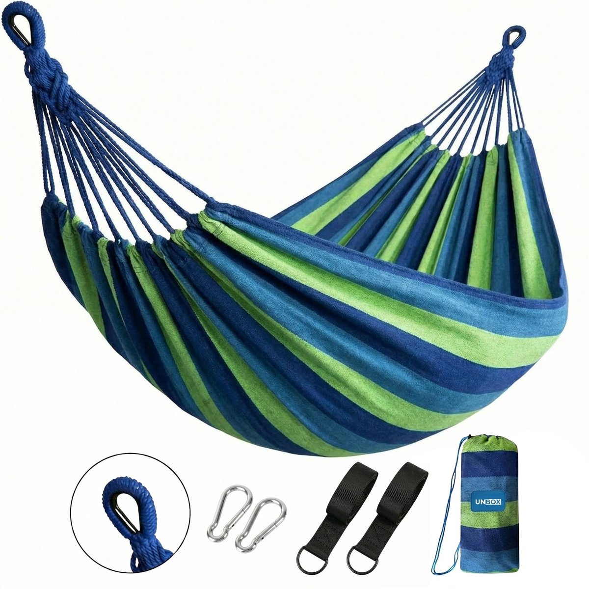Bol.com UNBOX Extra brede - Hangmat 2 Persoons - Weerbestendig - 200cm x 180cm - Incl. Hangmat Bevestiging aanbieding
