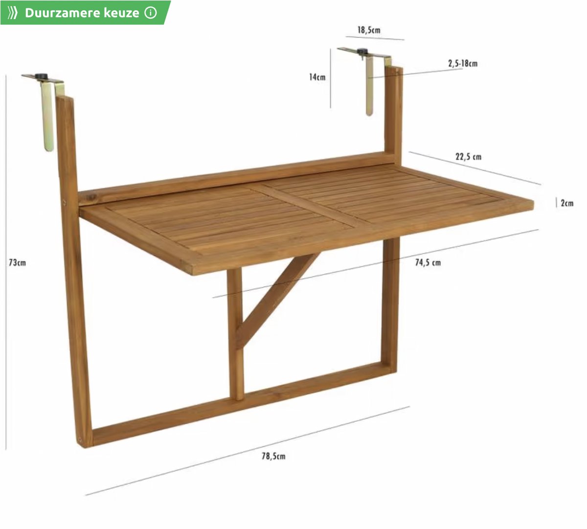 Inklapbare Houten Balkontafel – Ruimtebesparend & Verstelbaar – 45 x 78,4 x 70,5 cm – Voor Balkonrailingen 3–18 cm thumbnail 3