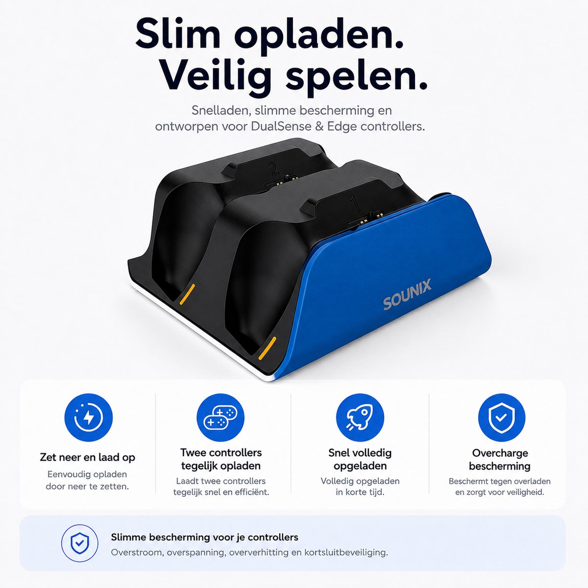 Sounix Oplaadstation geschikt voor PS5 / PS5 Slim / PS5 PRO / DualSense Controller - PS5 accessoires - Dual Oplader - Charging Dock - Blauw – foto 8