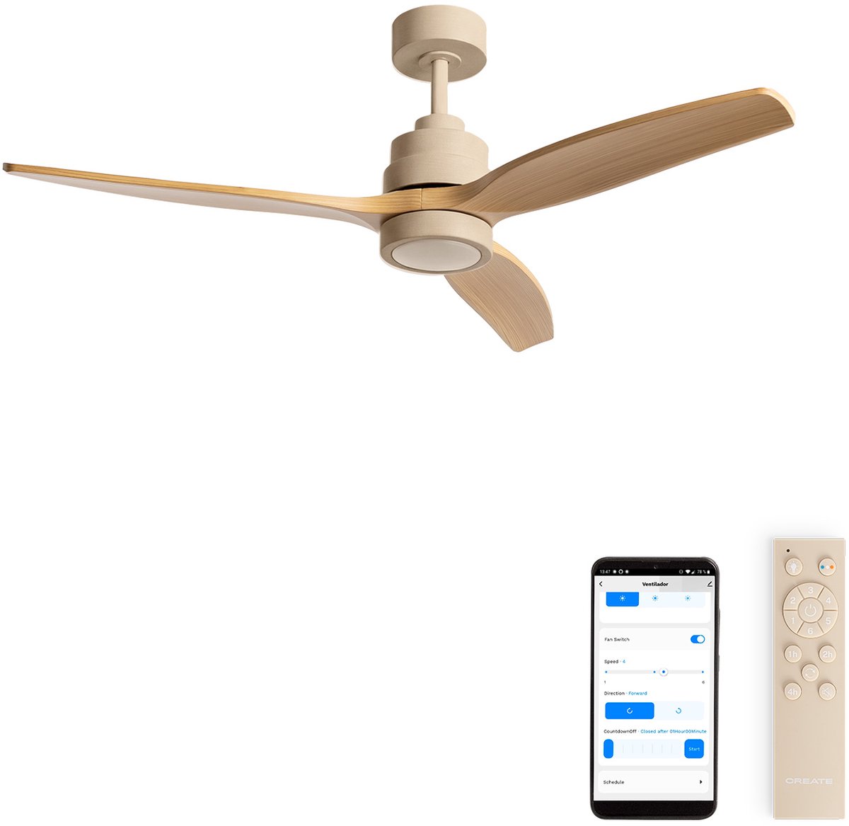 CREATE - Stille plafondventilator van 40 W met technische ABS-bladen, verkrijgbaar in verschillende maten - M - Met licht - WIFI - WIND STYLANCE