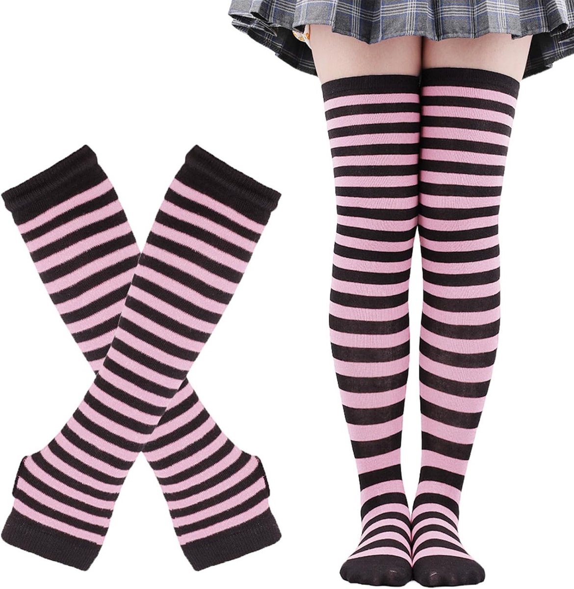 Gestreepte Kniekousen en Vingerloze Handschoenen Set voor Dames - Perfect voor Kostuumfeest en Halloween, Comfortabel en Stijlvol