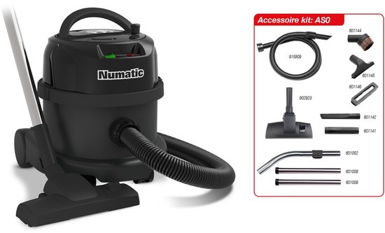 Zwarte Numatic stofzuiger met slang, buis en vloerzuigmond. Accessoireskit AS0.