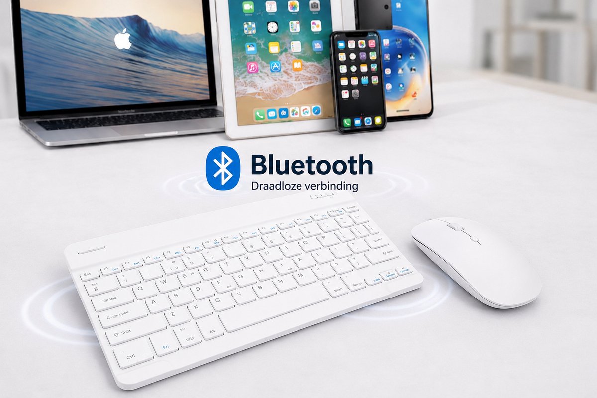 Bluetooth + 2.4G USB Toetsenbord en Muis Set – USB-C Oplaadbaar – Stil & Ultra Dun – Compatibel met iPad, Android, Windows, Tablet & Laptop - Wit