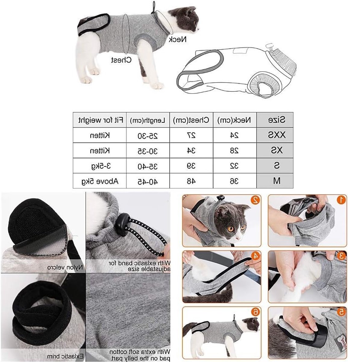 Professioneel Herstelpak voor Katten, Geschikt voor Thuisgebruik na Chirurgie, Maat L (40-45 cm) - Comfortabel en Ademend Hersteloutfit voor Katten