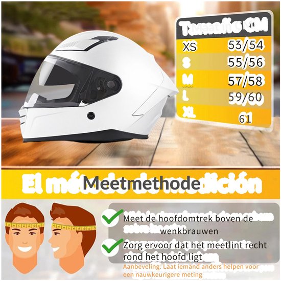 Wit integraalhelm naast een maattabel. Meten van hoofdomtrek met meetlint. Tekst: Tamano CM, El método de medición.