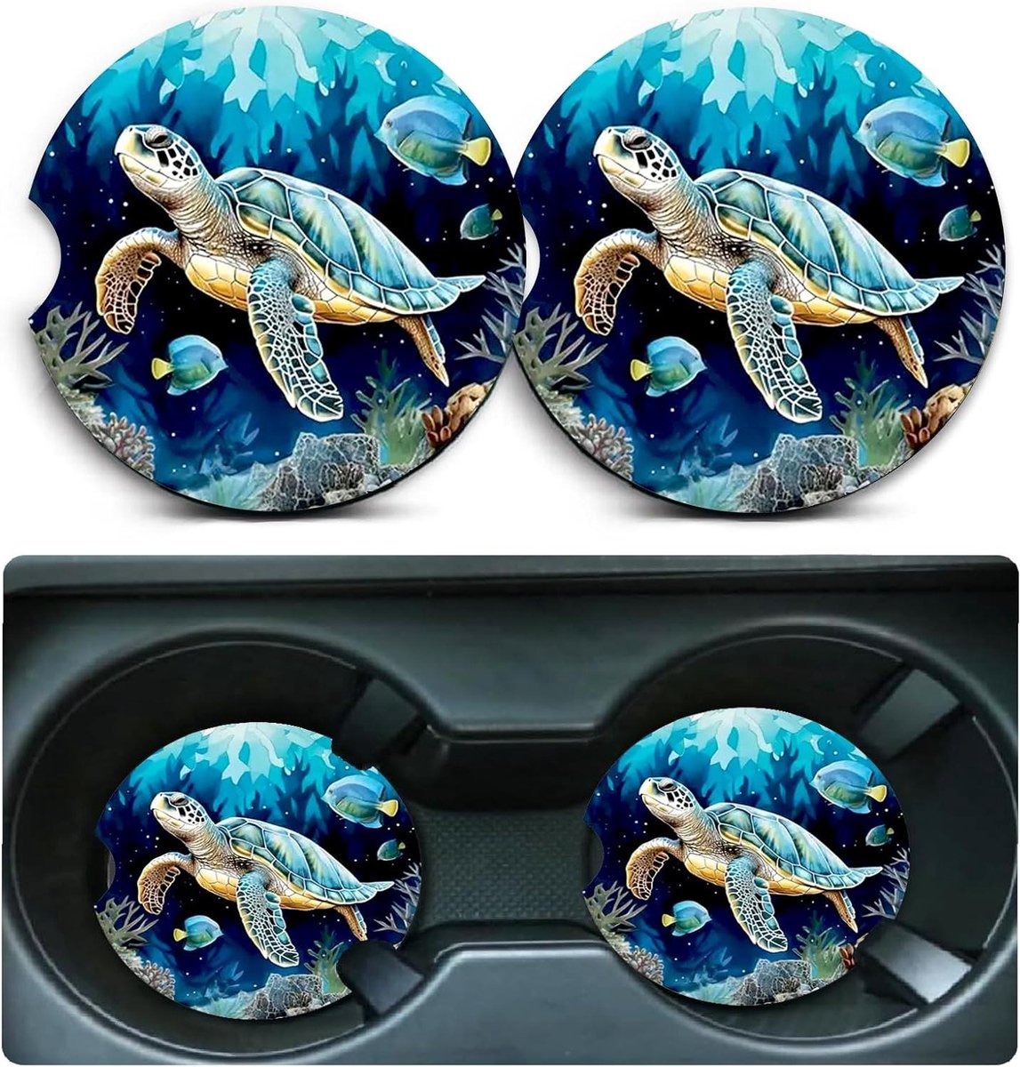 Auto Onderzetters - Bekerhouder Matten - Auto Interieur - Antislip Ontwerp - Universele Maat - Zeeschildpad