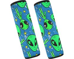 CHIFIGNO 2 Pack Green Aliens on Blue Space Veiligheidsgordelhoes Comfortabele Veiligheidsgordelhoes Schouderriem Pad Bescherm uw nek en schouder, S