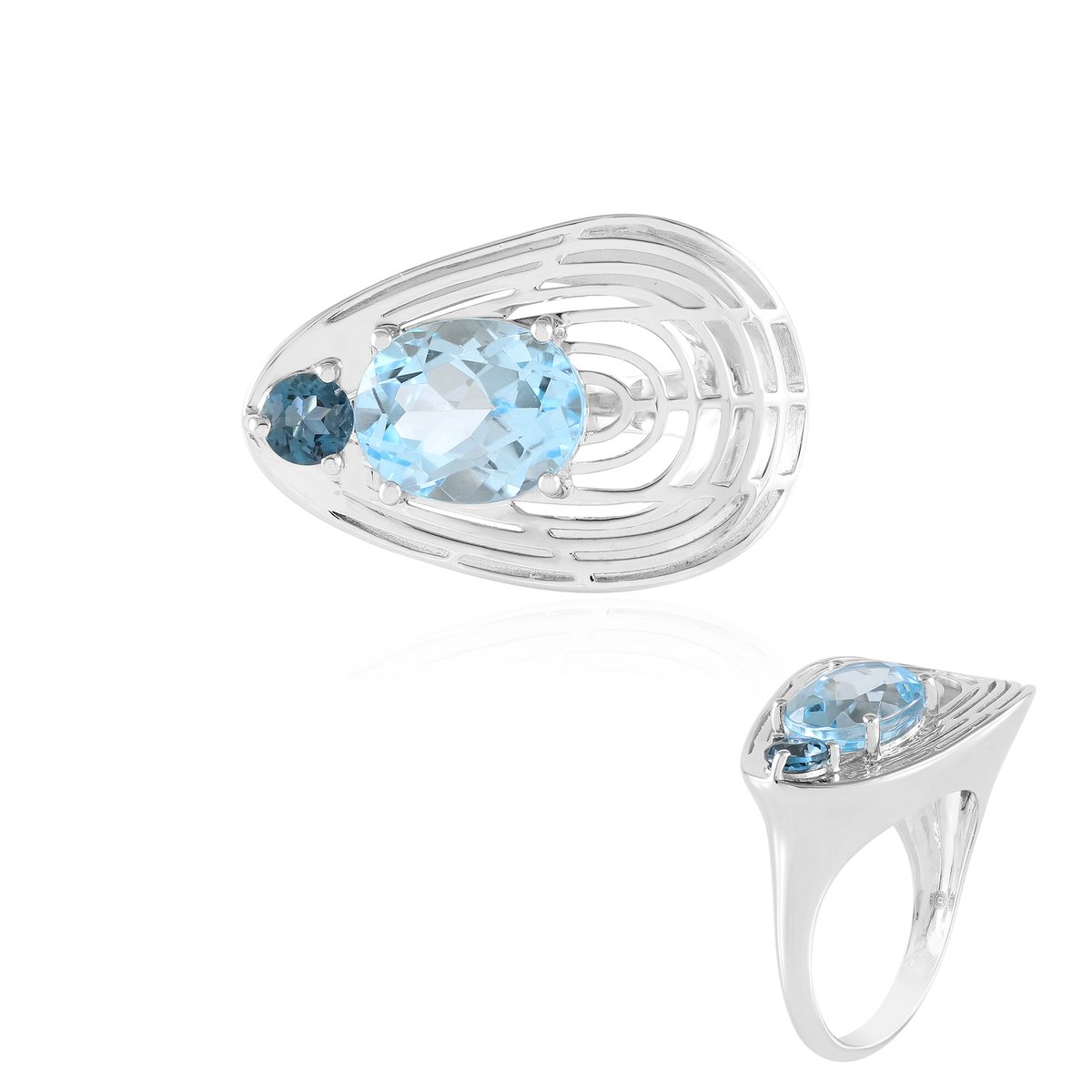 Cavill - Moderne Damesring 925 Sterling Zilver Gerhodineerd - Ovale Topaas 3,69 ct - Open Rasterdesign - Elegante Blauwgetinte Edelsteenring