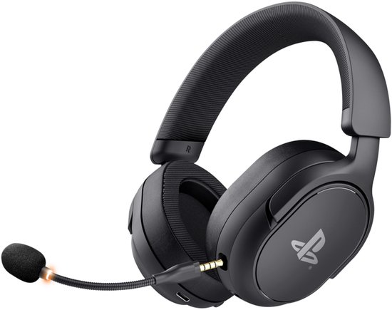 Zwarte draadloze gaming headset met PlayStation logo, USB-dongle en verlichte microfoon.