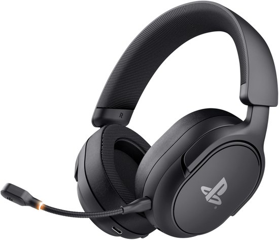 Zwarte draadloze gaming headset met PlayStation logo, USB-dongle en verlichte microfoon.