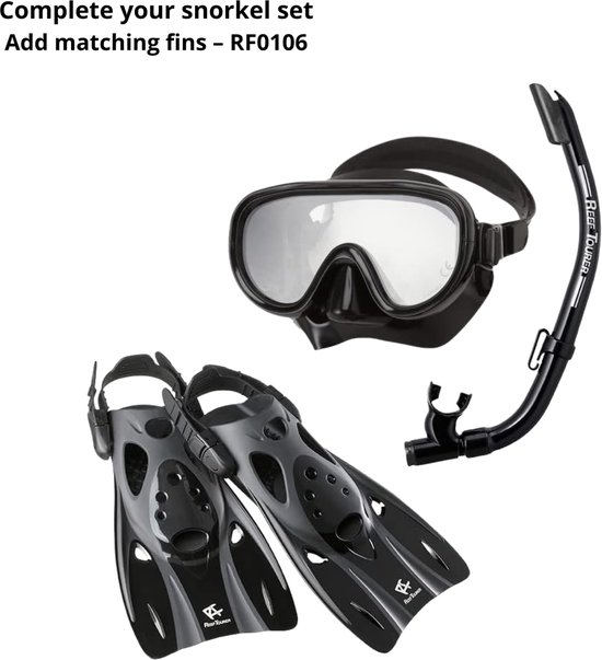 ReefTourer Snorkelset – Premium duikbril met snorkel, hypoallergene siliconen snorkelmasker één venster – Zwart – RC-0105-BKBK