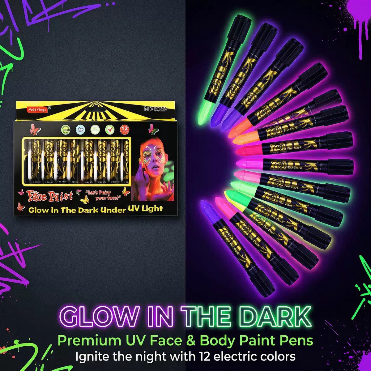 Schminkstiften - Schmink Set Krijtjes - 12 Stuks Kleuren -Fluoriserend UV Neon Glow in the Dark Krijtjes-Giftige Gezichtsverfkrijtjes voor Halloween Cosplay Make-up-Helderste Glow onder UV-Licht — afbeelding 6