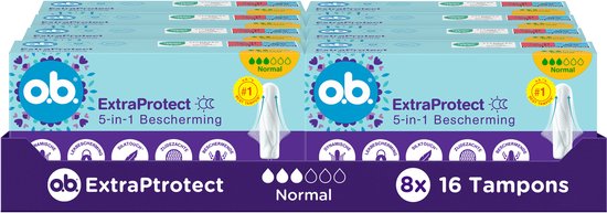 Doos met 8x16 o.b. ExtraProtect tampons met 5-in-1 bescherming, verpakt in lichtblauwe dozen met paars accent.