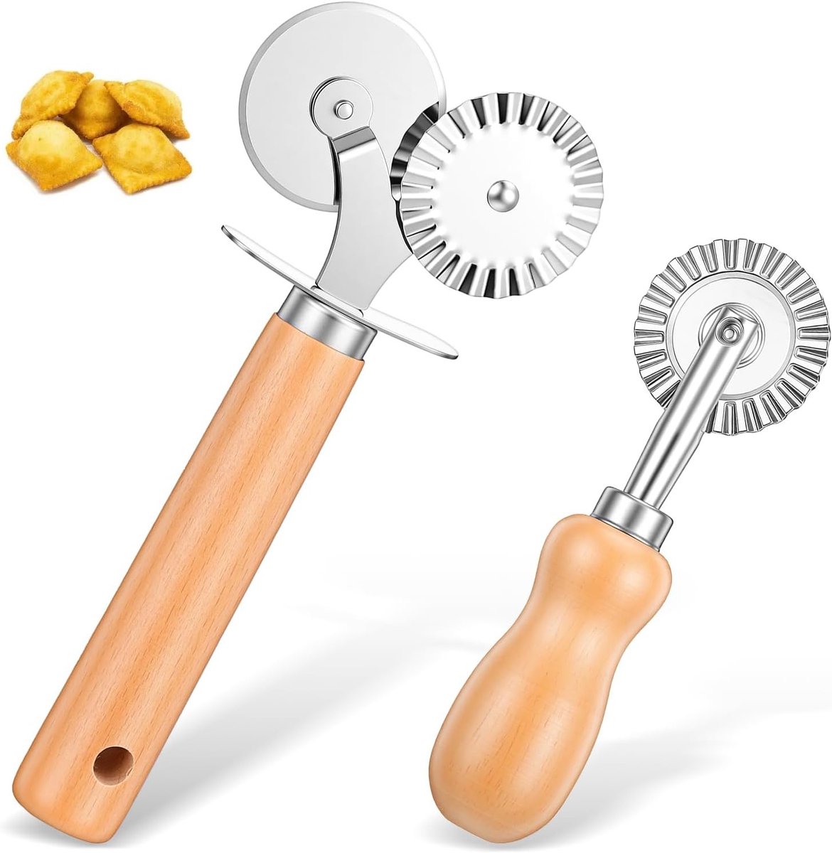 2 Stuks Dubbel Geribbelde Deegsnijder van RVS met Houten Handvat voor het Maken van Pasta, Pizza en Gebak