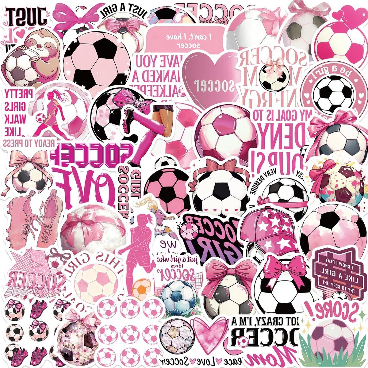 Roze voetbalstickers voor vrouwen – 50 waterbestendige vinylstickers voor laptops, waterflessen en notitieboeken, perfect sportief cadeau voor atletes en tienermeisjes