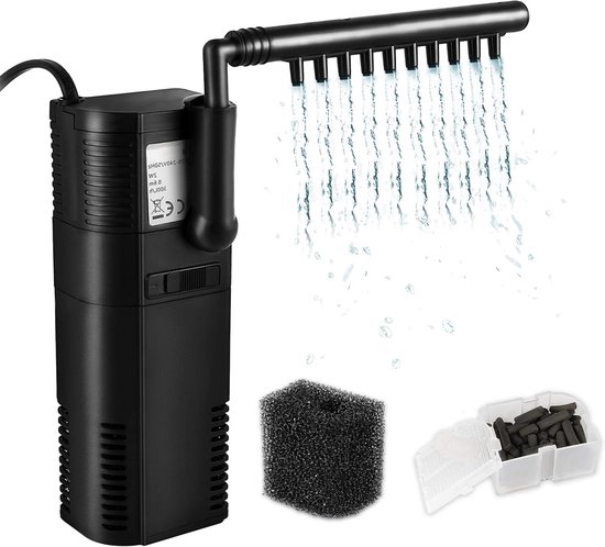 Compact Aquarium Binnenfilter 300L/u – 2W Waterpomp met Actieve Kool & Sponsfilter voor Aquaria tot 40L