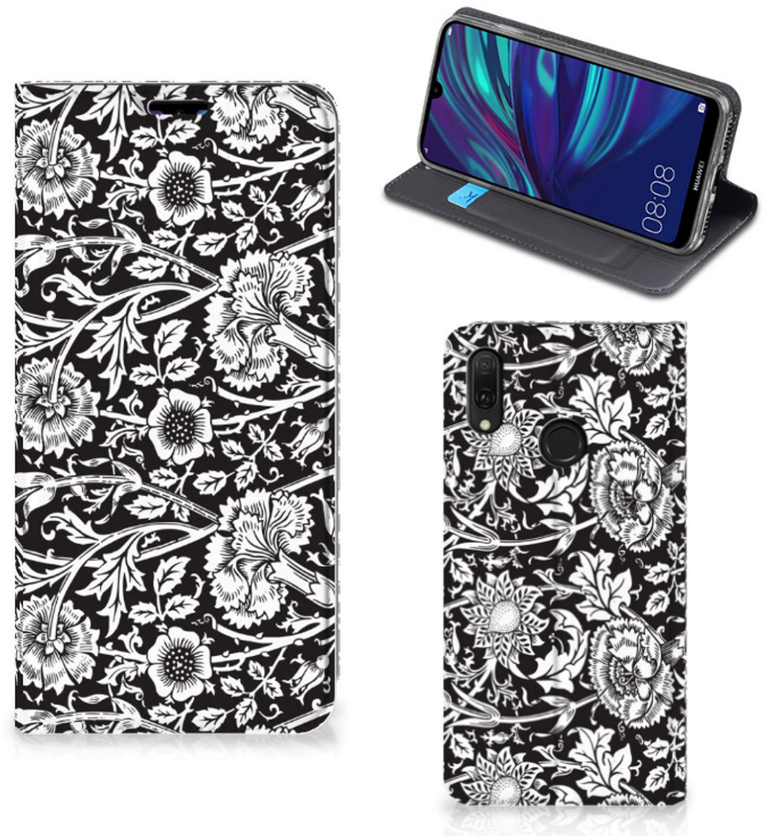 Huawei Y7 hoesje Y7 Pro (2019) Smart Cover Black Flowers