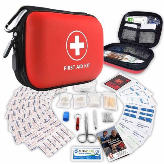 Livewell 104-Delige EHBO kit met Musketon haak voor onderweg – Verbanddoos - Waterafstotend – Auto verbanddoos - Reis EHBO kit - Eerste hulp kit - Pleisters - ongevallen kit - First aid kit - Vakantie verbanddoos - Fiets EHBO kit