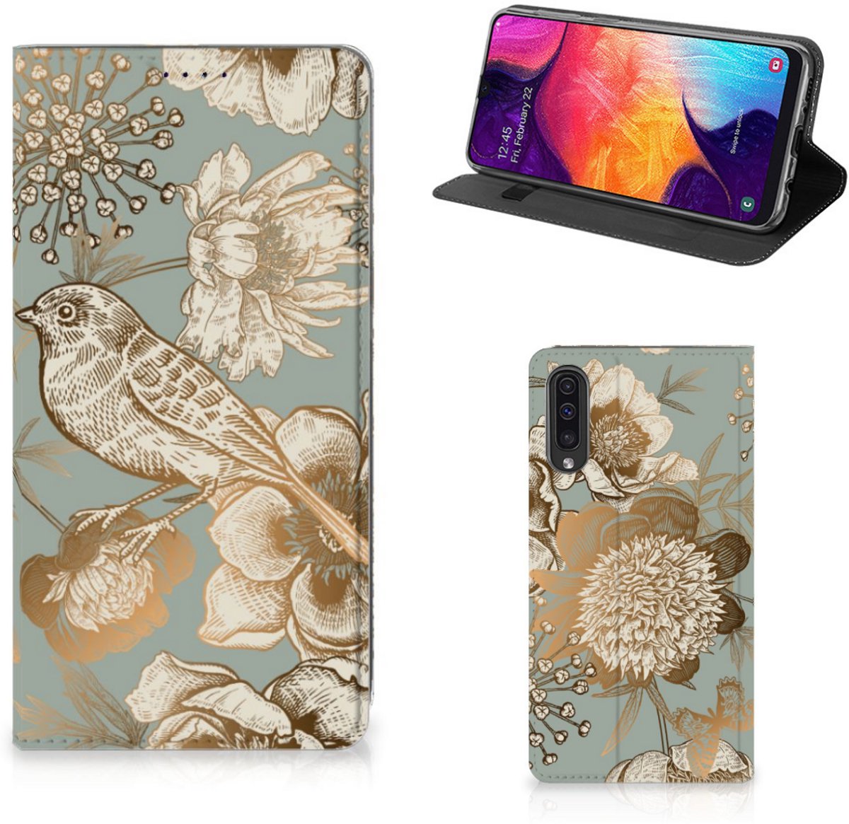 Smart Cover voor Samsung Galaxy A50 Vintage Bird Flowers