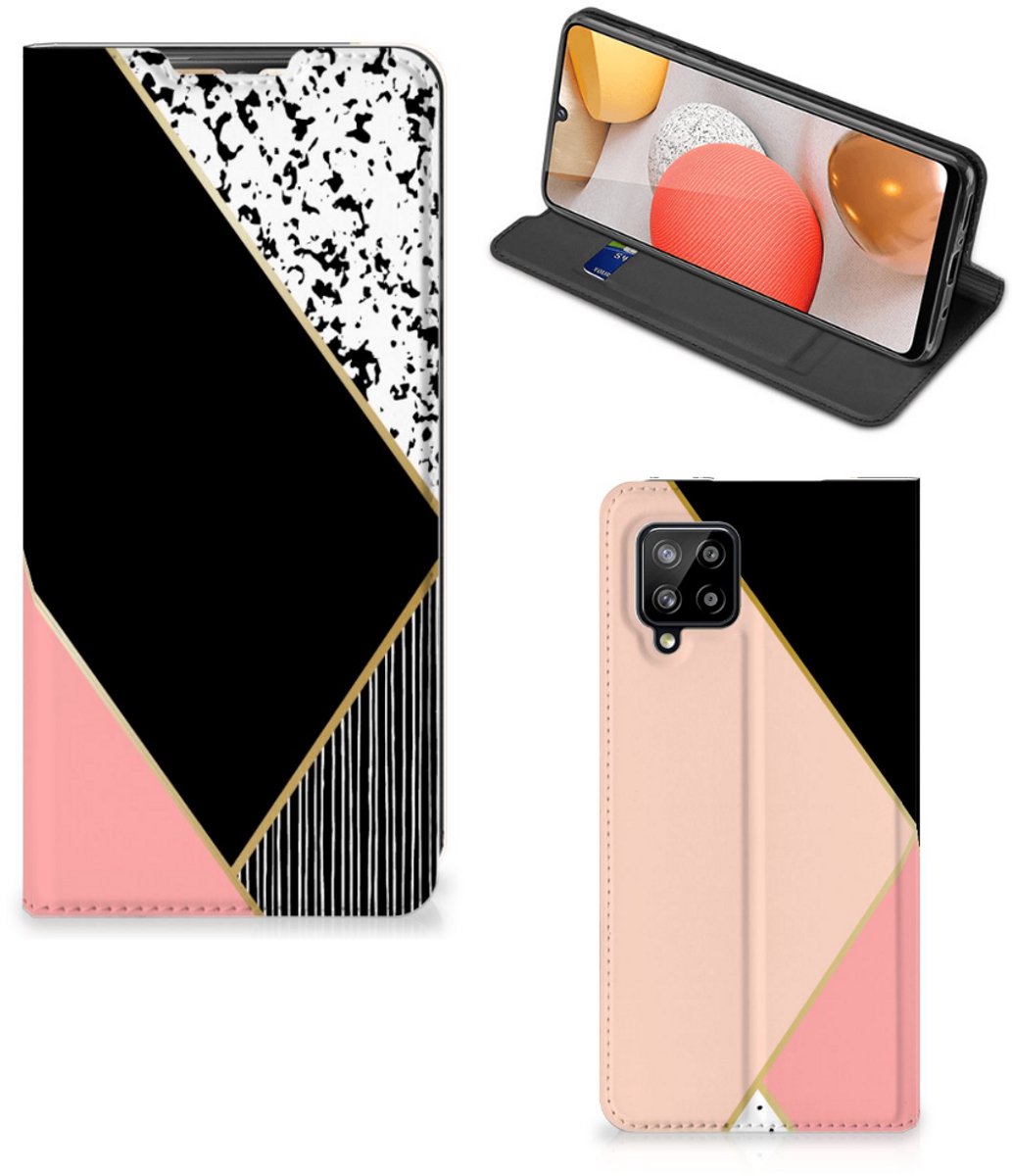 Samsung Galaxy A42 Stand Case Zwart Roze Vormen