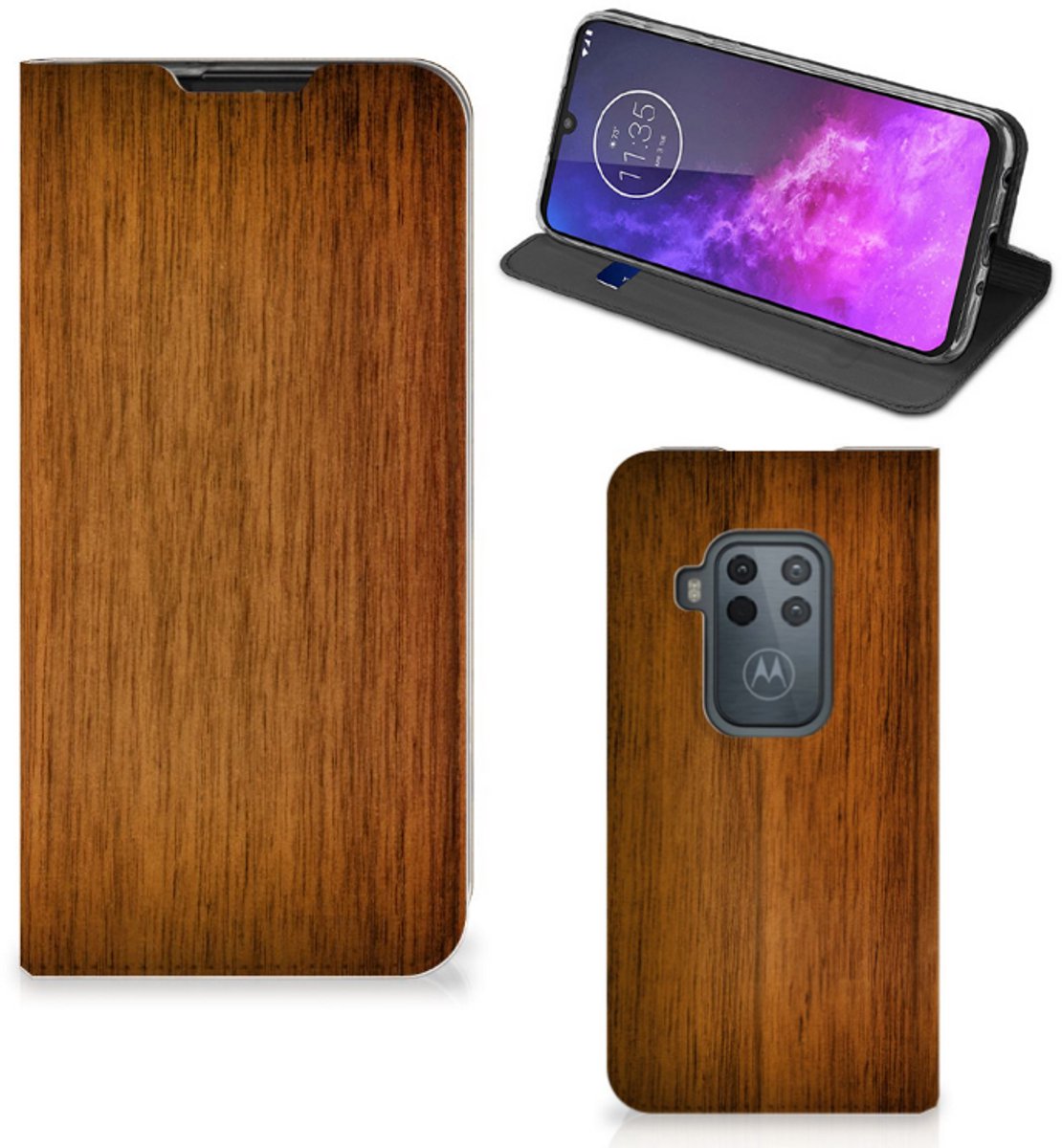 Standcase Hoesje voor Motorola One Zoom Book Wallet Case Donker Hout