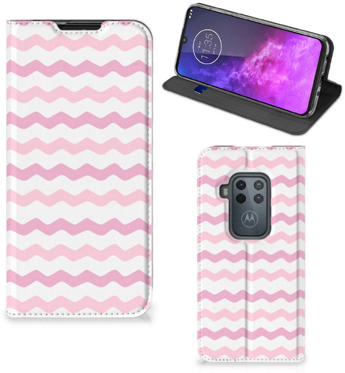 Motorola One Zoom Hoesje met Magneet Waves Roze