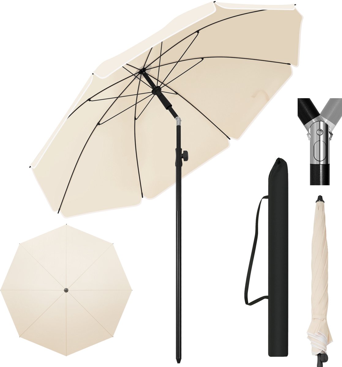 Jently parasol - ronde parasol - waterdicht - hoogte verstelbaar - tuin/balkon/strand - buigbaar - beige - 175x155 cm