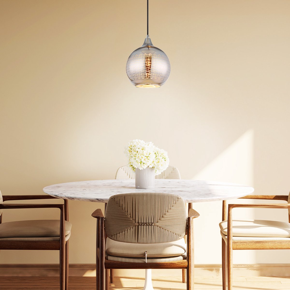 Hanglamp glaspatroon eetkamerlamp hangende bol chroom wit, metaal, E27 fitting, DxH 25x131 cm