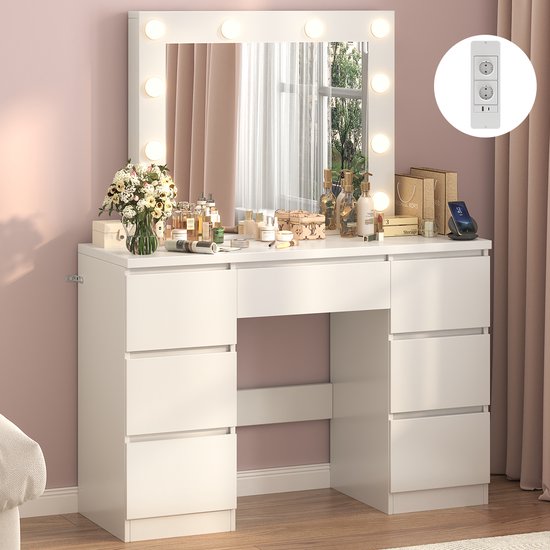 Kaptafel - Make Up Tafel - Met Spiegel en 10 LED Lampen - Met Stopcontacten & USB-poorten - 3 Lichtkleuren - Met 7 Laden - Eenvoudige Montage - H 140 x B 110 x D 40 cm - Voor Slaapkamer Kleedkamer - Wit