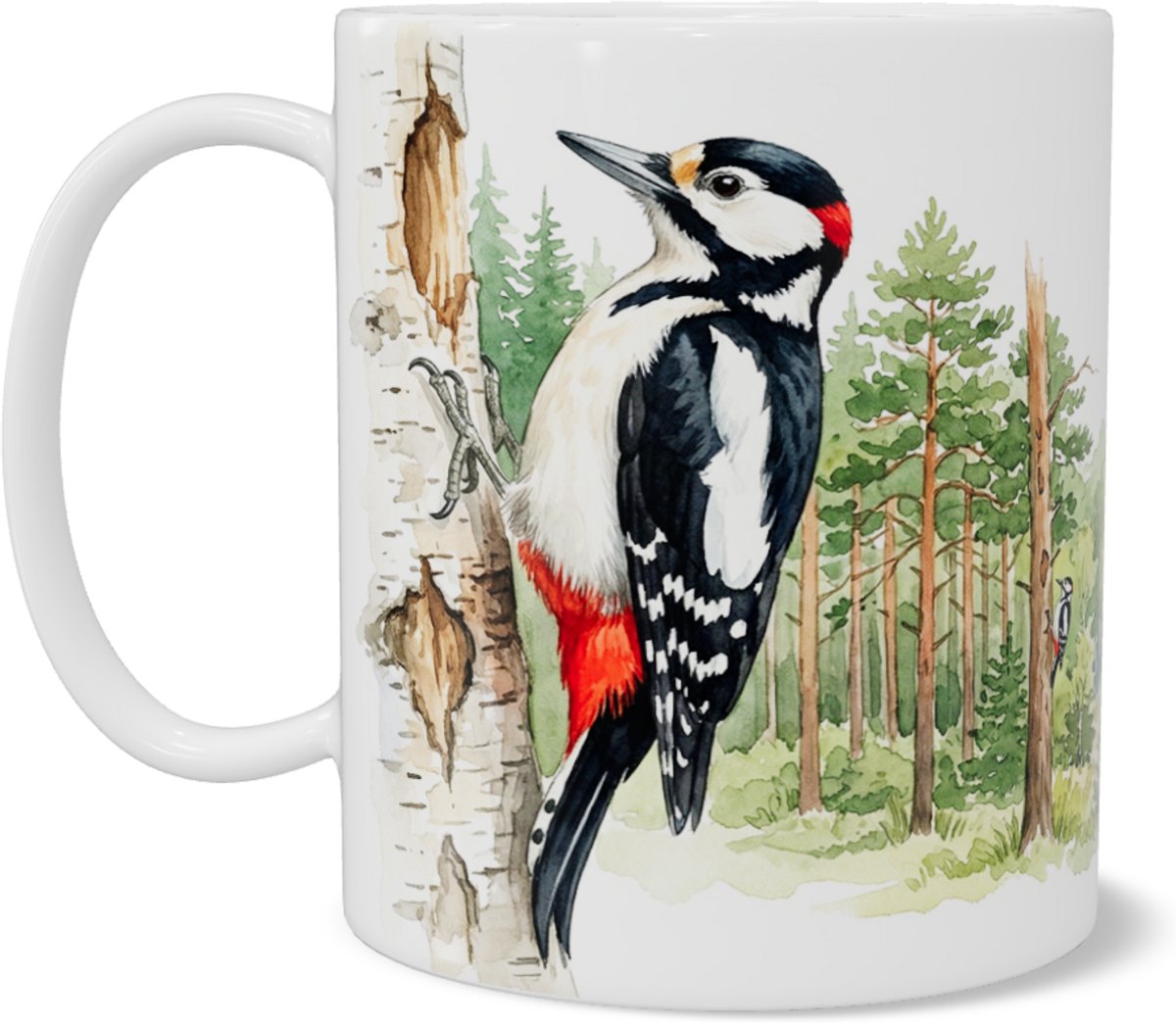Mok met Grote bonte specht (Dendrocopos major) op berk - Aquarel Series illustratie van bosrand met heide en molen - Perfect cadeau voor dierenvriend of vogelliefhebber - Sfeervolle theebeker voor op het bureau