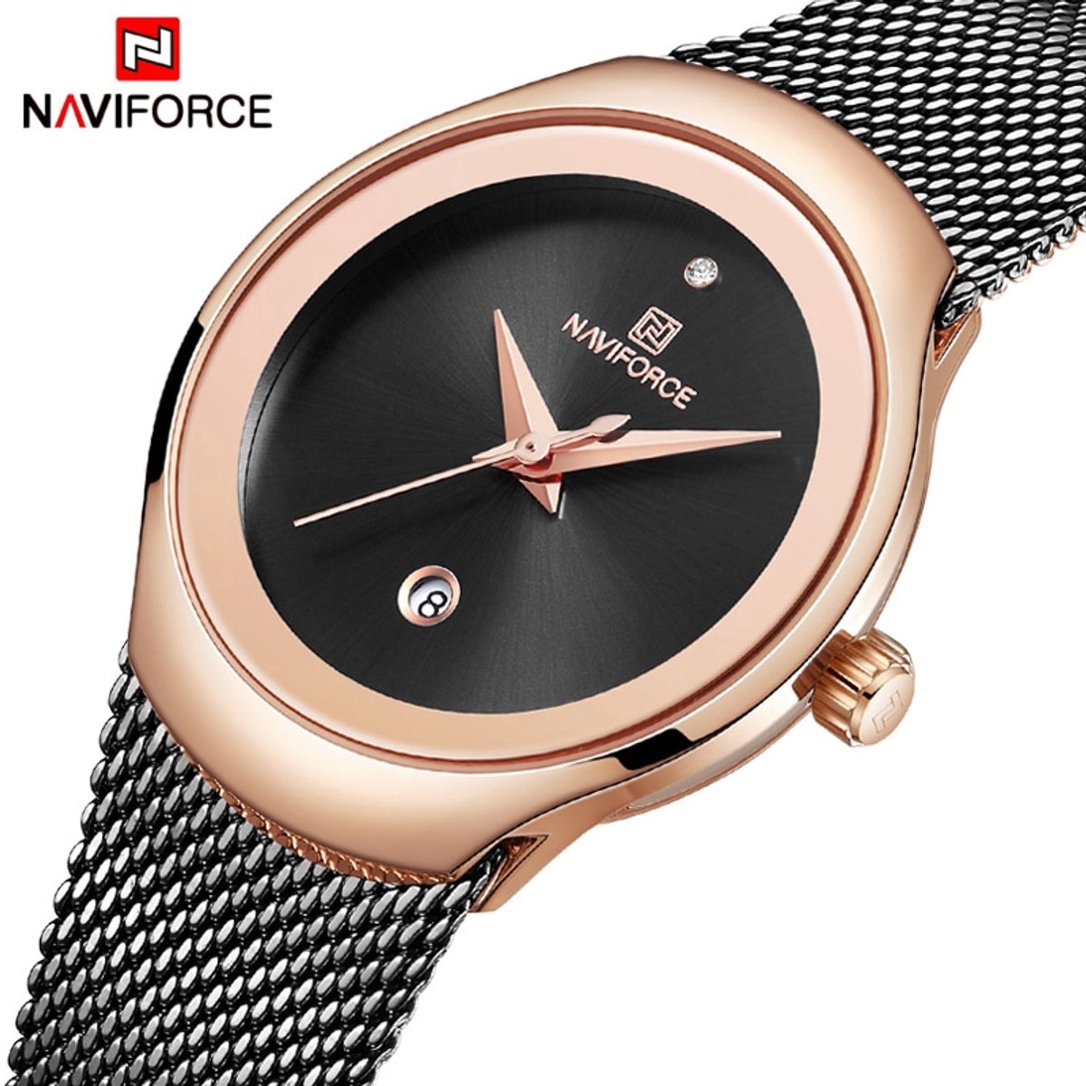 NAVIFORCE horloge met zwarte metalen polsband, zwarte wijzerplaat en rose gouden horlogekast voor dames met stijl ( model 5004 RGB )
