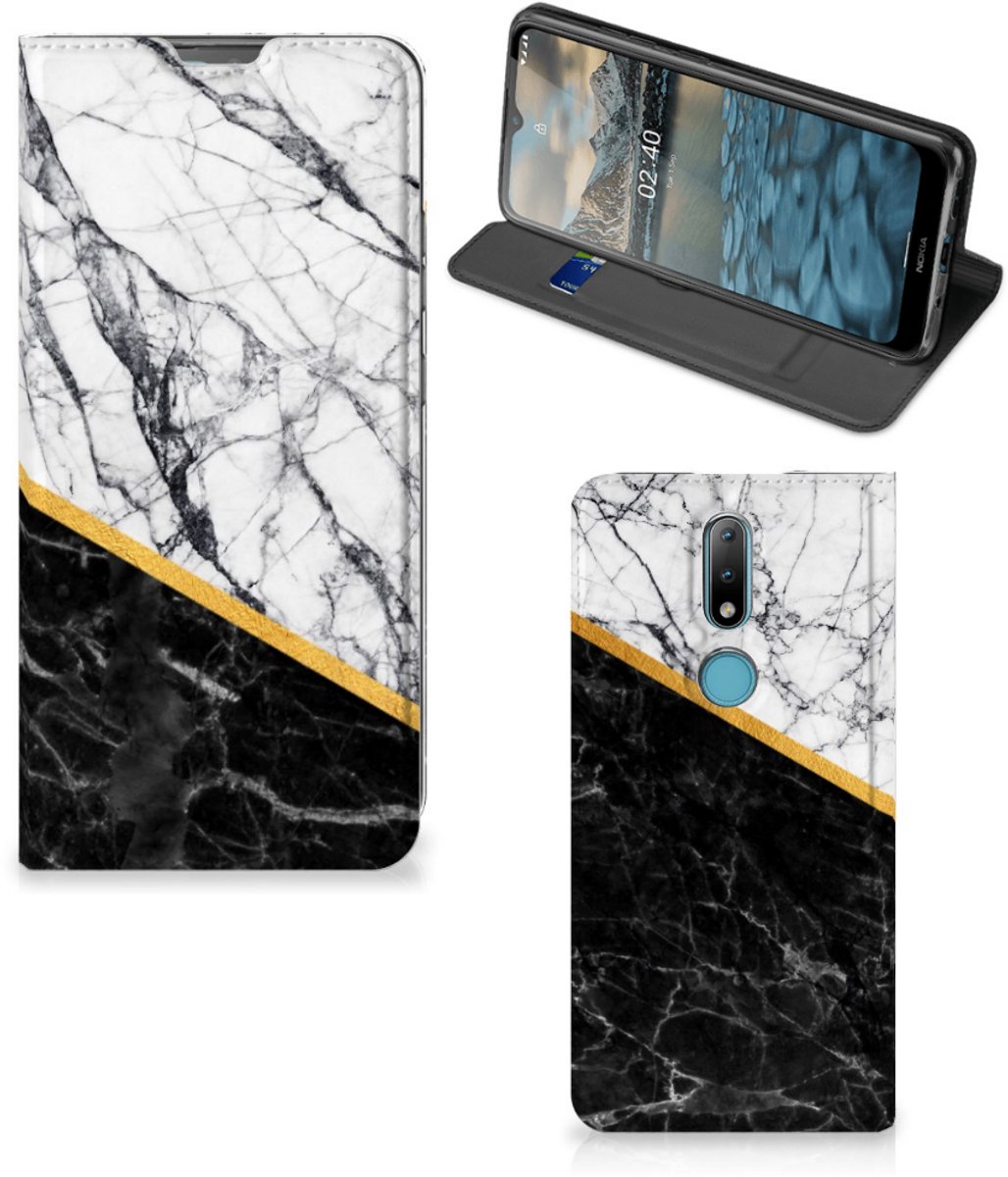 Nokia 2.4 Standcase Marmer Wit Zwart - Origineel Cadeau Man