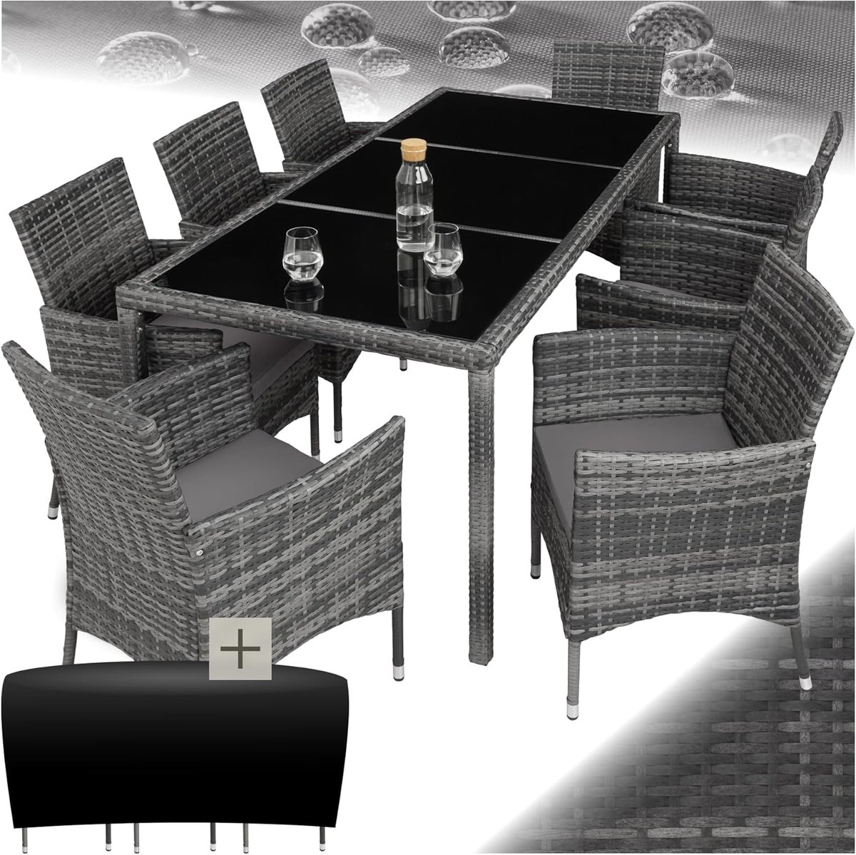 Tuinmeubelset Laura 8-Persoons Polyrotan Outdoor Zitgroep 208x110x83 cm – Stoelen en Tafel Inclusief Kussens en Beschermhoes, Weerbestendig, Modern Design, Voor Balkon, Tuin en Terras – Grijs/Gemêleerd