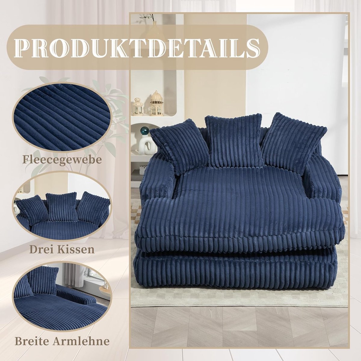 Chaise Longue Corduroy Loungebank 155x125x63 cm – Luxe Zachte Ribstof Relaxstoel met Kussens, Ergonomisch & Direct Klaar voor Gebruik – Donkerblauw – Laura