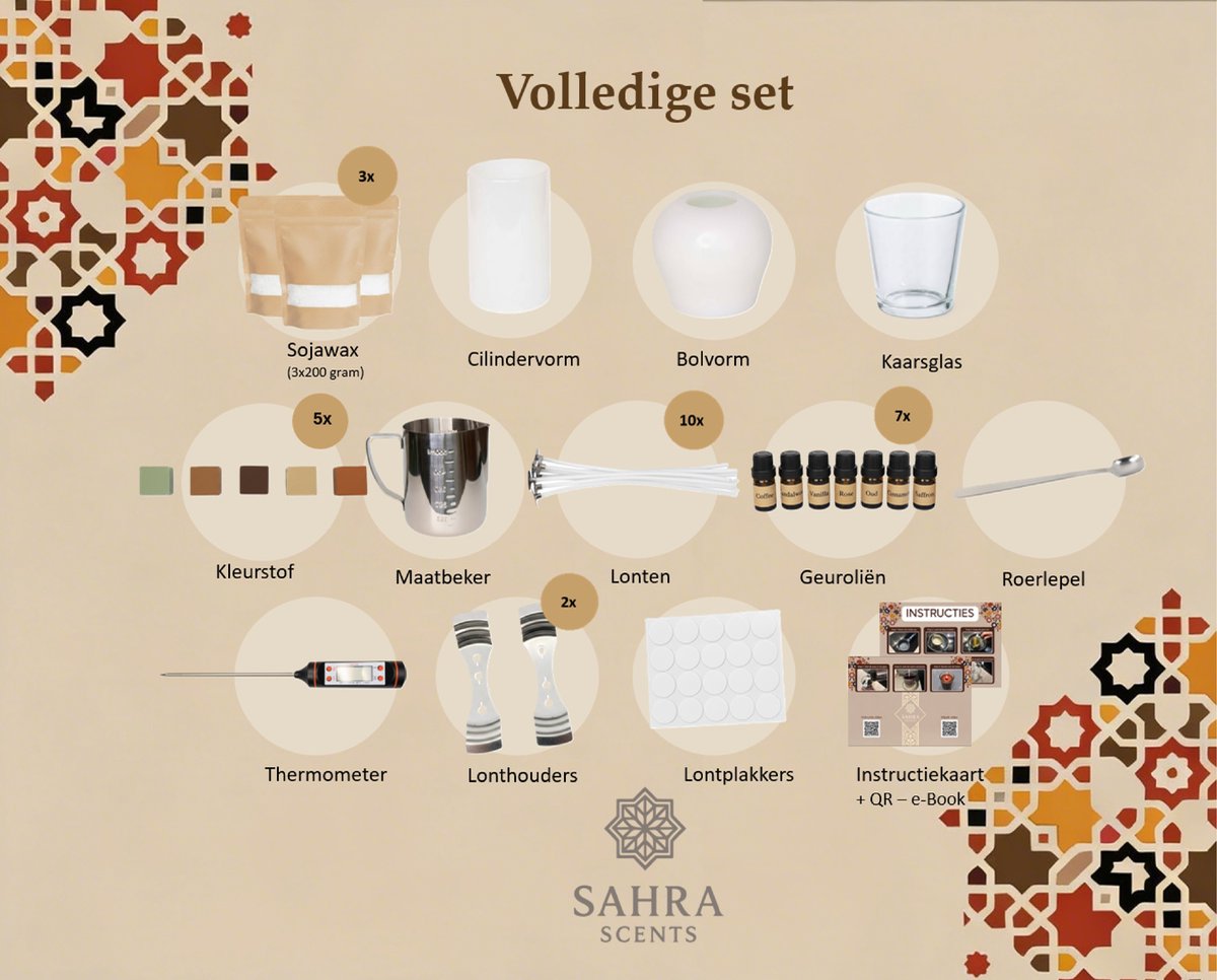 Sahra Scents - Luxe Arabische DIY Kaarsen Maken Set - 7 Oosterse Geuroliën - Complete Candle Kit - E-book - 600 gram Soja Wax - Inclusief Lonten, Glas en Mallen - Creatief Cadeau — afbeelding 3