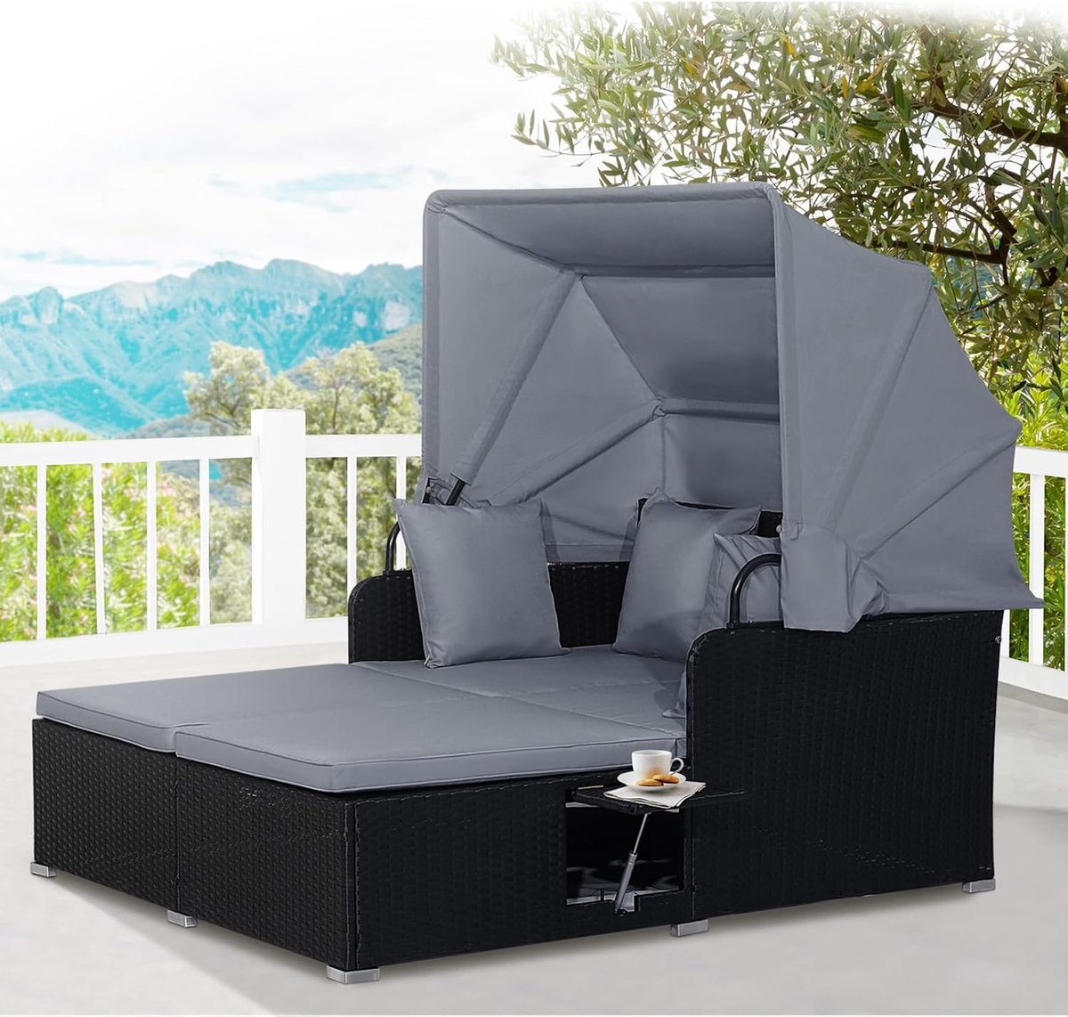 Zonne-eiland 2 persoons 165x153x138 cm met klapdak en zijtafels – Polyrotan ligbed met kussens, weerbestendig – Luxe tuin ligstoel grijis – Urbanhome